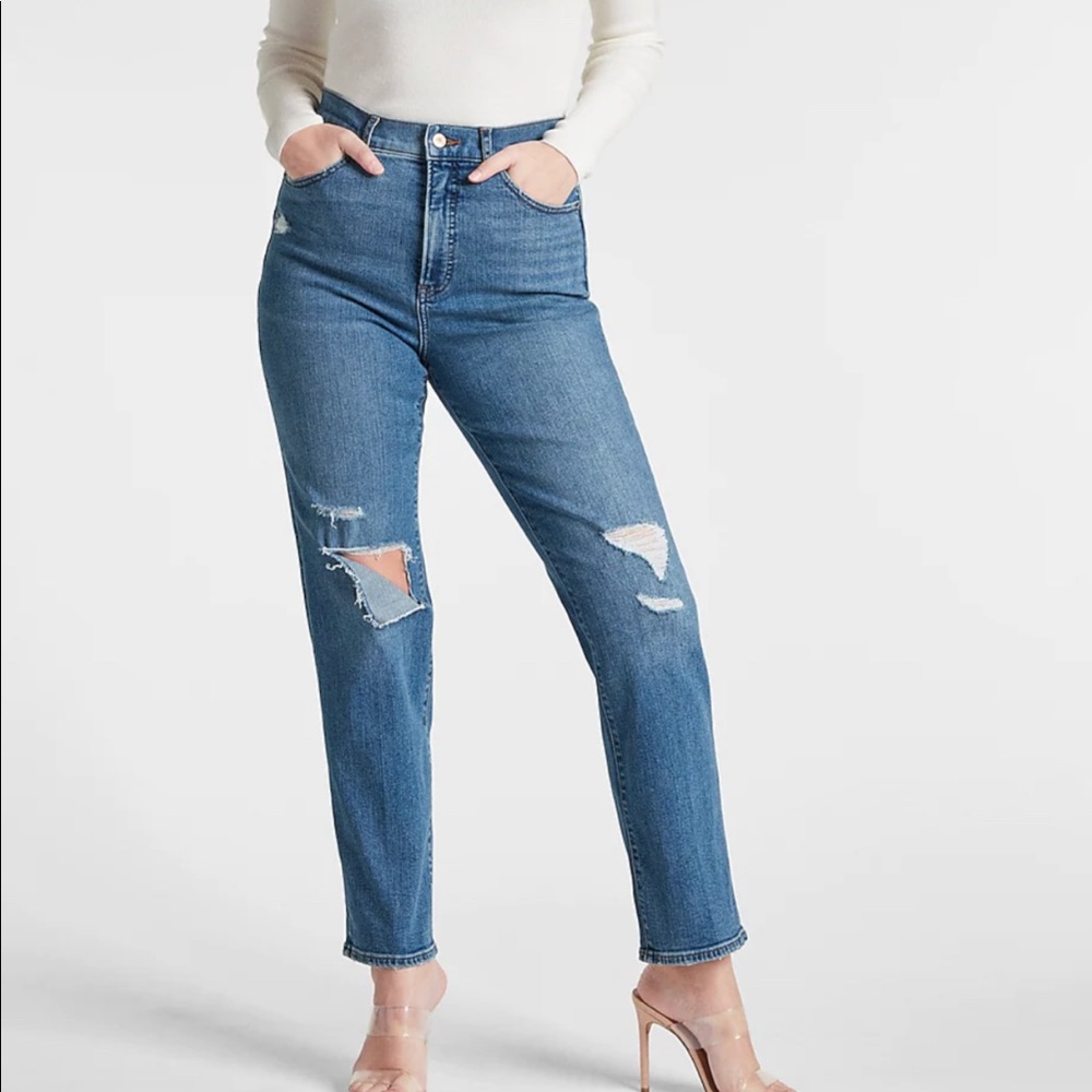 Express Super Highrise Ripped Modern Straight Jeans, 10R